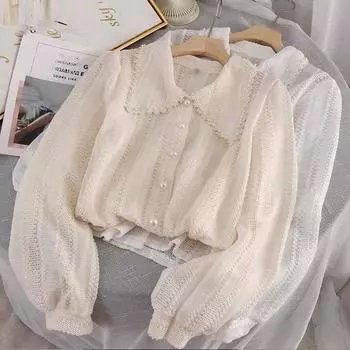 Весенние элегантные кружевные блузки женские с вырезом воротником Питера Пэна модные офисные женские рубашки с длинным рукавом 14562 S белый