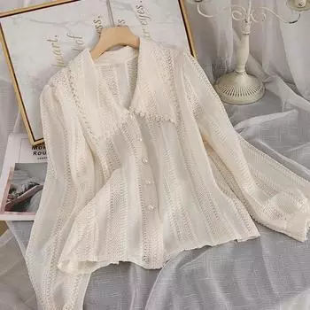 Весенние элегантные кружевные блузки женские с вырезом и воротником Питер Пэн, модные офисные женские рубашки с длинным рукавом L абрикосовый