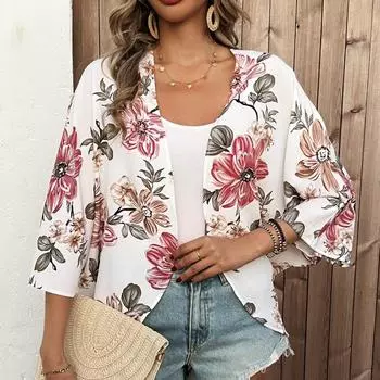 Весенние элегантные повседневные рубашки с винтажным принтом и цветами, женские модные новые свободные блузки с коротким рукавом, женские топы, милые женские рубашки больших размеров 25910 S белый