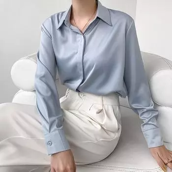 Весенние элегантные свободные женские атласные блузки с длинным рукавом, однобортные рубашки, топы, S-XXL XL синий