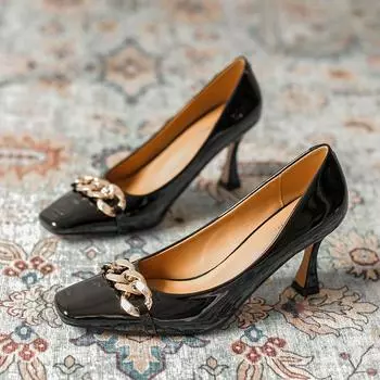 Весенние элегантные женские туфли на высоком каблуке 7 см, дизайнерские туфли Scarpins с квадратным носком из лакированной кожи, желто-синие туфли на каблуке для свадебной вечеринки 4 чёрный