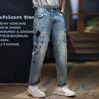 Весенние американские рваные моющиеся джинсы мужские свободные прямые большого размера красивые повседневные брюки 28 синий