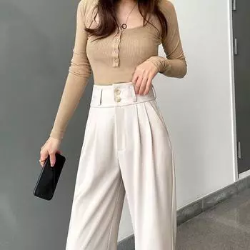 Весенние белые широкие брюки с высокой талией, модные женские брюки для офисных леди S бежевый