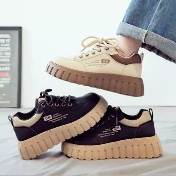 Весенние белые туфли для женщин, новая корейская спортивная обувь на толстой подошве, повседневная обувь на мягкой подошве 35 чёрный