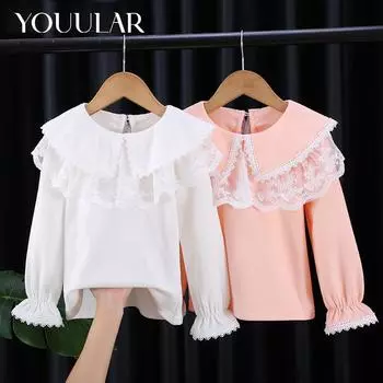 Весенние блузки для девочек, топы для маленьких девочек, детская одежда, школьная блузка, розовая хлопковая кружевная футболка, блузка, детская одежда 150