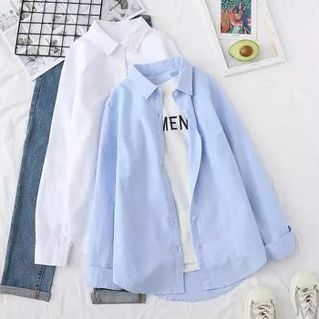 Весенние блузки из 100% хлопка, женские рубашки, синие, белые, женские топы с длинными рукавами, женская верхняя одежда, однотонная одежда хорошего качества S белый