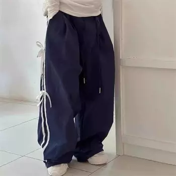 Весенние брюки для девочек, детские спортивные штаны с бантом, осенние милые модные брюки, повседневные брюки в полоску, детское свободное нижнее белье 170 темно-синий