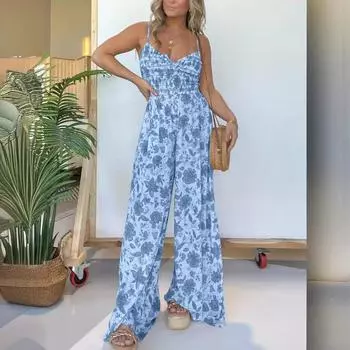 Весенние цельные широкие брюки с лямкой на бретельках с цветочным принтом в Европе и США S хаки