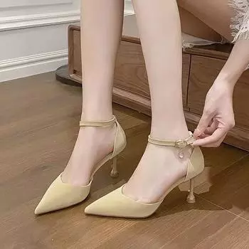 Весенние черные туфли на высоком каблуке, замшевые туфли на тонком каблуке с острым носком, универсальные и сексуальные женские туфли на кошачьем каблуке. 35 хаки