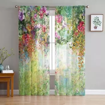Весенние цветы Цветущие прозрачные шторы для украшения гостиной Шторы на окна для кухни Тюль Вуаль Шторы из органзы W135 x H115cm x1