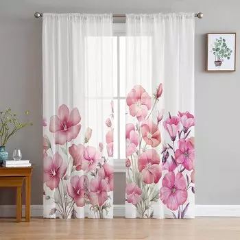 Весенние цветы Розовая акварель Петуния Прозрачные шторы для гостиной Украшения оконные шторы Кухонные шторы из тюля Вуаль W135 x H115cm x1