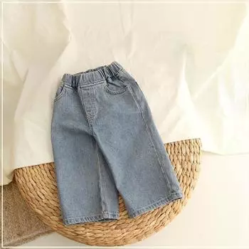 Весенние детские брюки Осенние детские джинсы Мягкие свободные повседневные брюки для девочек Широкие брюки для детей Прямые джинсы Брюки 130cm синий