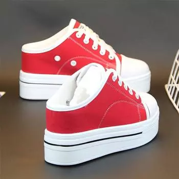 Весенние дышащие парусиновые белые туфли женские на платформе с увеличивающей рост стелькой 8 см без каблука полутапочки ленивые туфли для студентов 34 белый