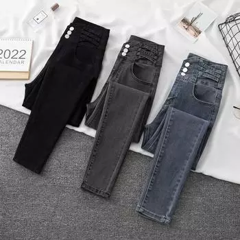 Весенние джинсы, длинные брюки, женские узкие брюки-карандаш, повседневные джинсовые женские брюки с высокой талией, повседневные женские брюки, брюки XXXXL чёрный