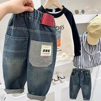 Весенние джинсы для мальчиков, повседневные свободные брюки, детские весенние ретро-джинсовые брюки 140 синий
