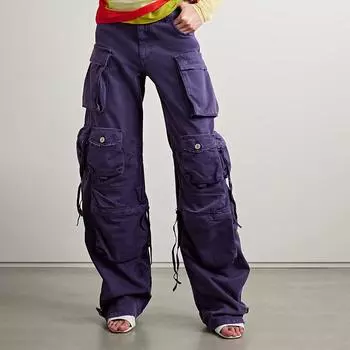 Весенние джинсы в американском уличном стиле с множеством карманов, с высокой талией и универсальные, узкие брюки прямого кроя S фиолетовый