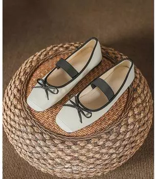 Весенние французские балетки с бантом и плоской подошвой, квадратная головка, одно слово, ремешок, чехол для стопы, туфли Мэри Джейн с носом свиньи 35 белый