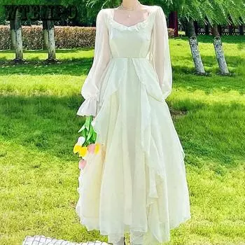 Весенние французские однотонные платья с длинными рукавами и нишевым дизайном «Нежный ветер» Сказочное платье из сетки XS