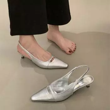 Весенние французские ретро универсальные туфли на шпильке с высоким каблуком, одинарные туфли на каблуке-рюмочке, темпераментные кожаные сандалии с острым носком для женщин 35 чёрный