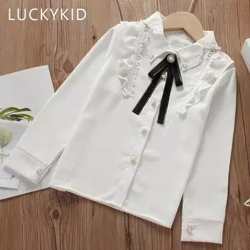Весенние хлопковые блузки для девочек, однотонные белые топы с длинными рукавами, детская школьная одежда с лацканами, детские топы 4T белый