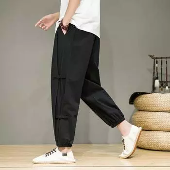 Весенние хлопковые льняные брюки мужские повседневные шаровары с эластичной резинкой на талии свободные спортивные штаны XXXXXL чёрный