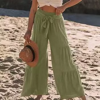 Весенние хлопковые льняные повседневные плиссированные широкие брюки с высокой талией, женские элегантные однотонные свободные брюки, модные брюки на шнуровке 26199 S чёрный