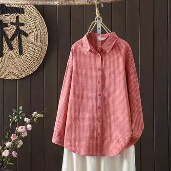 Весенние художественные свободные клетчатые лацканы повседневные топы с длинными рукавами блузки и рубашки M