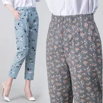Весенние и летние эластичные брюки с цветочным принтом, прямые, с высокой талией, удобные повседневные женские брюки с увеличением размера
