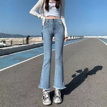 Весенние и летние эластичные узкие расклешенные джинсы с высокой талией, тонкие необработанные края с микромаркировкой, брюки Nine-minute размера Plus