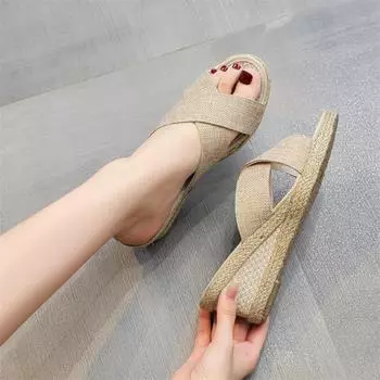 Весенние и летние босоножки на высоком каблуке, старая пекинская ткань, женская обувь на танкетке, повседневные бежевые корейские женские тапочки 42 чёрный