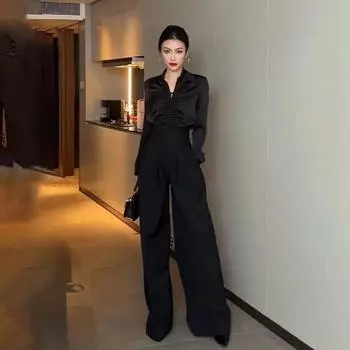 Весенние и летние брюки с высокой талией, широкие брюки, прямые, с заниженной талией, универсальные брюки, плотные костюмные брюки XXL чёрный