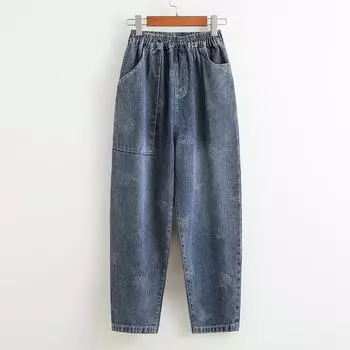 Весенние и летние джинсовые брюки в стиле литературного ретро, женские джинсы, свободные повседневные брюки-шаровары с принтом больших размеров, укороченные брюки