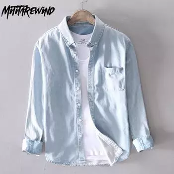 Весенние и летние джинсовые рубашки для мужчин, повседневная рубашка с длинным рукавом, воротник-лацкан, чистый хлопок, корейские джинсовые топы, простая мужская одежда S чёрный