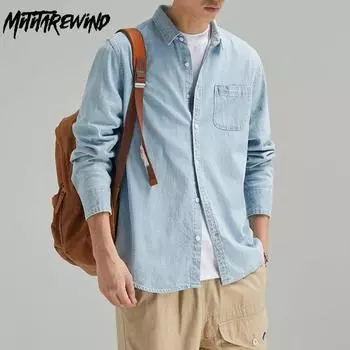 Весенние и летние джинсовые рубашки для мужчин, повседневные рубашки из чистого хлопка с воротником-лацканом и длинным рукавом, мужская рубашка с карманом, корейская мода, мужские топы S синий