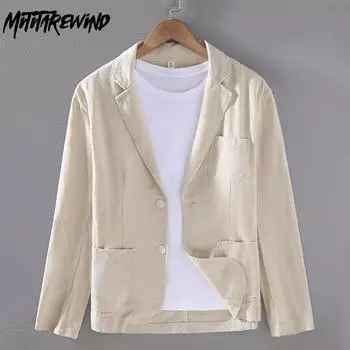 Весенние и летние костюмы и блейзеры для мужчин, повседневные куртки для ежедневных поездок, однотонные приталенные хлопковые льняные пиджаки, корейская модная мужская одежда, молодежная одежда M абрикосовый