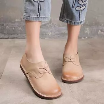 Весенние и летние кожаные туфли ручной работы с круглым носком на плоской подошве из мягкой коровьей кожи для женщин 35 чёрный