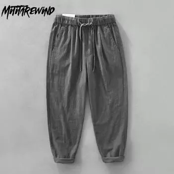 Весенние и летние мешковатые спортивные брюки для мужчин, молодежные, повседневные, дышащие, пляжные брюки из хлопка рами, прямые брюки с эластичной резинкой на талии M белый