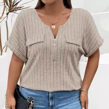 Весенние и летние модели, однотонные женские топы больших размеров, пуловер на молнии с короткими рукавами и искусственными карманами, свободная футболка 5XL чёрный