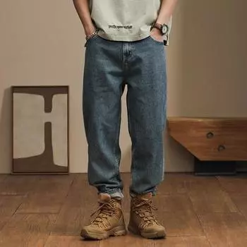 Весенние и летние модели повседневных универсальных трендовых джинсов Tide of Japanese Loose Harlan Solid Color Pants Men S Casual Pants Clothing Work Pants 28 синий