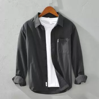 Весенние и летние мужские рубашки из чистого хлопка, повседневная рубашка в Корейском стиле, однотонная рубашка с квадратными пуговицами и карманом M хаки