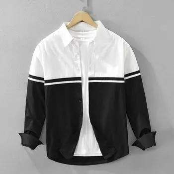 Весенние и летние мужские рубашки с длинными рукавами из чистого хлопка, повседневный топ, корейская версия, воротник-лацкан, рубашка в стиле пэчворк, молодежная популярная мужская одежда M белый