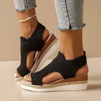 Весенние и летние новые сандалии с плетеным узором «рыбий рот», женские сетчатые дышащие босоножки на танкетке, большие размеры, популярные пляжные сандалии 36 чёрный