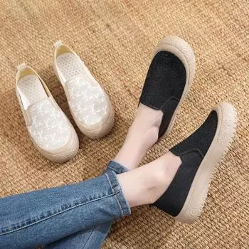 Весенние и летние новые туфли женские на плоской подошве дышащие шикарные туфли Lazybones универсальные парусиновые туфли с толстой подошвой 35 чёрный
