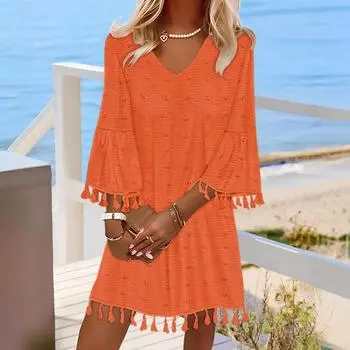 Весенние и летние однотонные простые женские платья с V-образным вырезом и рукавами средней длины, с бахромой S белый