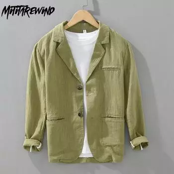 Весенние и летние блейзеры для мужчин, повседневные дышащие повседневные свободные пальто, куртка из хлопка и льна, корейский стиль ретро, мужская одежда M зелёный