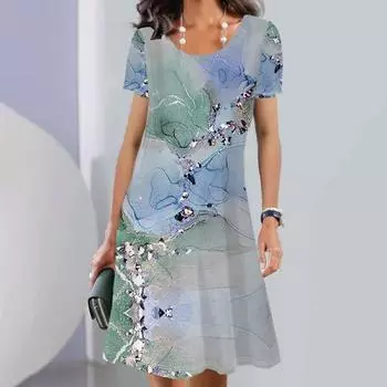 Весенние и летние платья-миди с короткими рукавами и круглым вырезом с принтом XXL