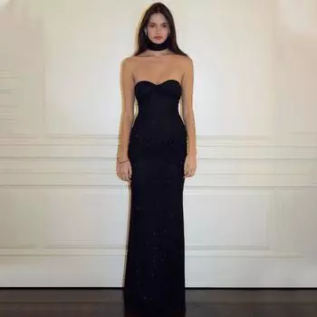 Весенние и летние платья, женские сексуальные плиссированные облегающие платья без бретелек, европейские и американские светские платья L чёрный