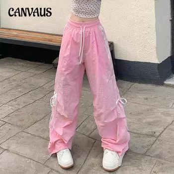 Весенние и летние полосатые однотонные со шнуровкой и высокой талией повседневные облегающие женские брюки M розовый