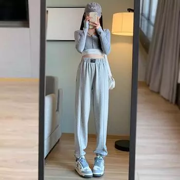 Весенние и летние повседневные брюки, элегантные женские модные свободные спортивные брюки в корейском стиле с высокой талией, студенческие трендовые винтажные мешковатые мешки Y2k M серый