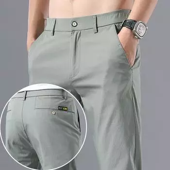 Весенние и летние повседневные брюки из тонкого ледяного шелка для мужчин, модные высококачественные эластичные деловые мужские брюки 28 чёрный